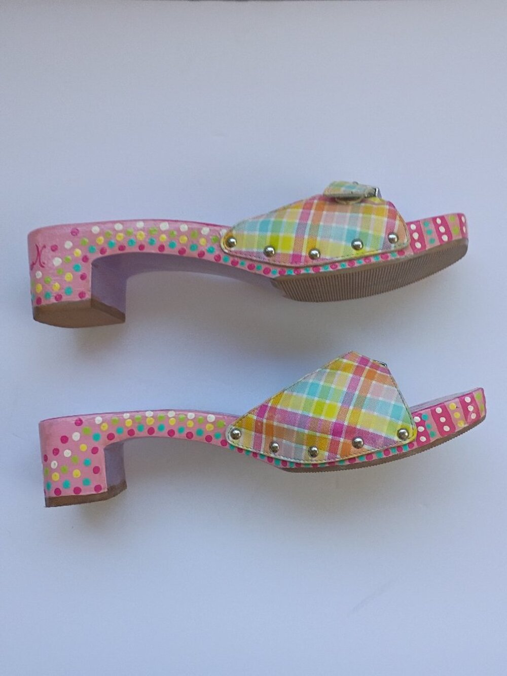 VINTAGE Painted Dr Scholl’s Original Wood Sandals Art Hand Painted Dots Size 7 - Picture 5 of 8